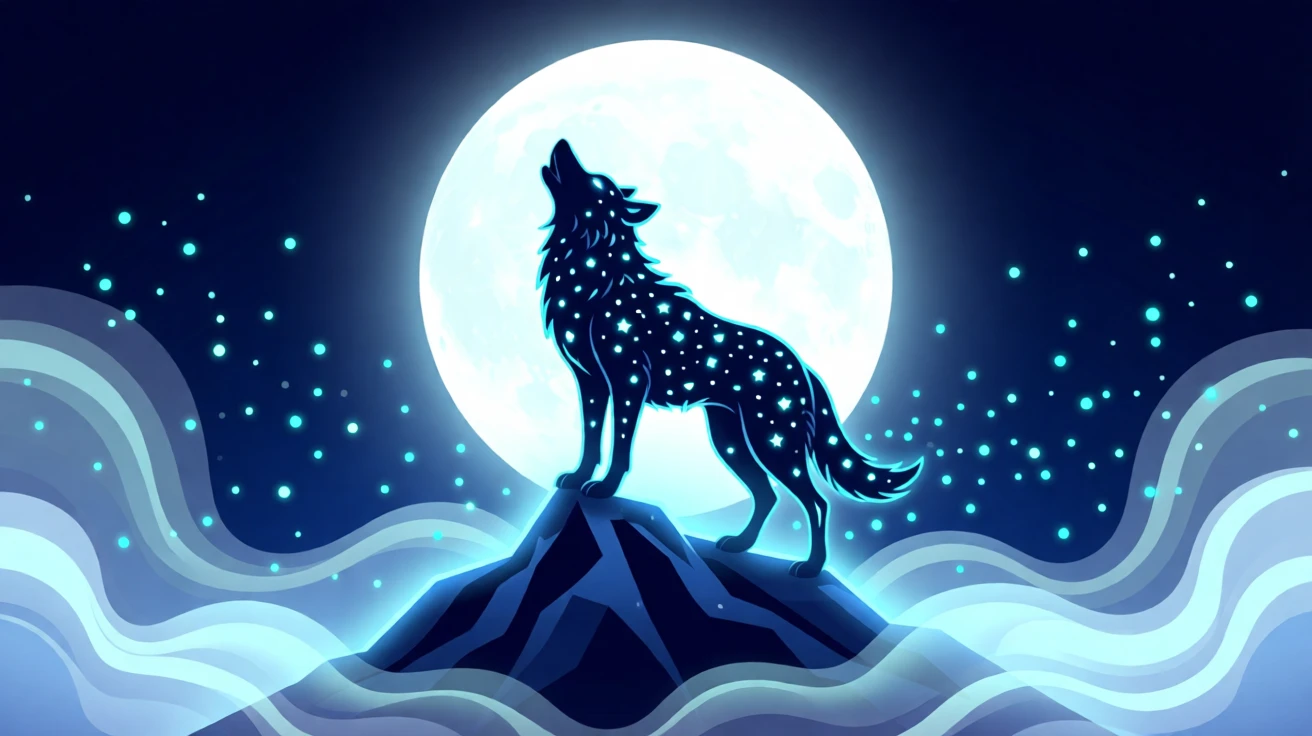 A celestial wolf with a starlit coat howling atop a glowing peak, surrounded by a magical mist glowing faintly in the moonlight, framed to evoke a sense of magic and enchantment, with subtle magical particles drifting through the air.