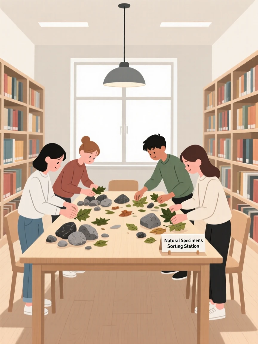 A group of students sorting rocks and leaves in a library reading room.