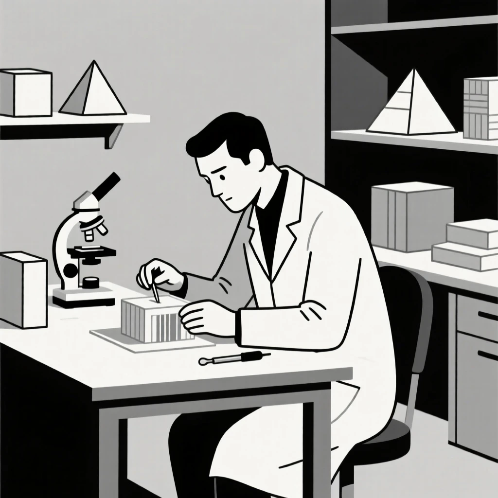 A focused scientist in a lab working at a well-equipped workshop, surrounded by architectural models, expressing focused determination.