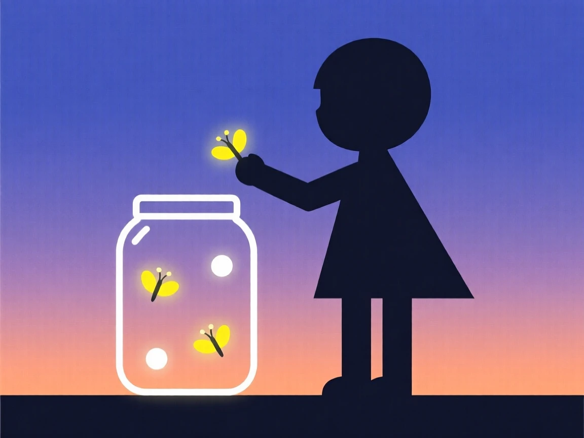 A child catching fireflies in a jar at dusk