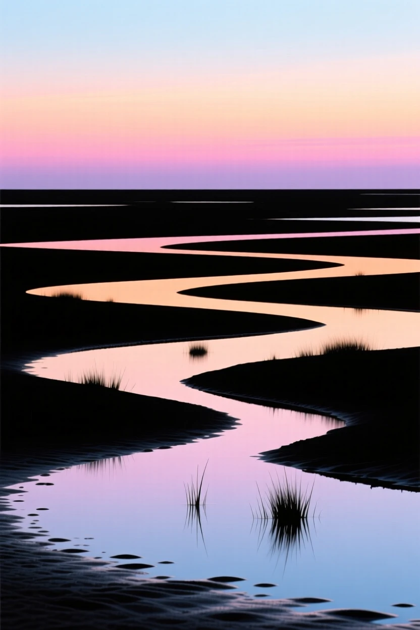 A quiet tidal flat reflecting the colors of a pastel evening sky.