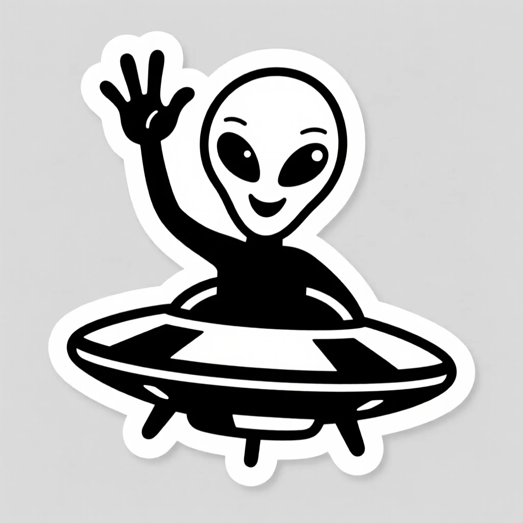 An action-packed alien visitor waving from a tiny flying saucer, ready for the next big adventure, as part of a fun original story.