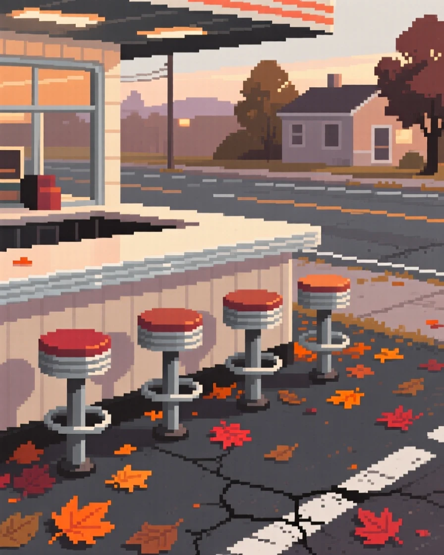 A diner counter with spinning stools surrounded by fallen leaves on a quiet street, at a roadside diner along an old highway.
