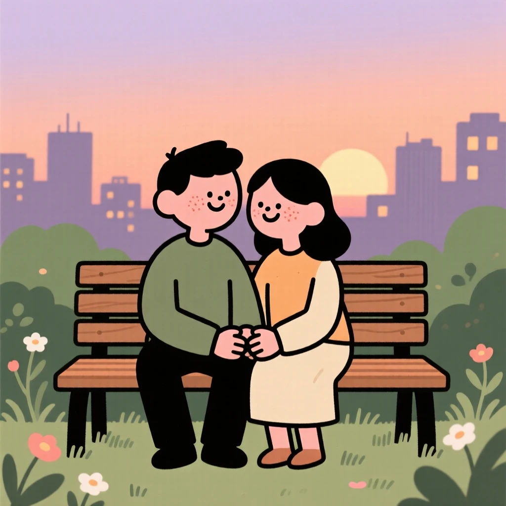 A couple shares a quiet moment on a garden bench at sunset, holding hands in comfortable silence as the city lights begin to glow surrounds them.