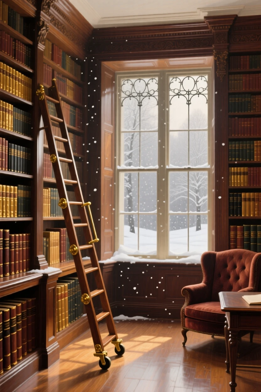 A medium shot of a cozy library with towering shelves and a rolling ladder, sunlight streaming through tall windows, in the golden age of steam travel, in gentle falling snow.