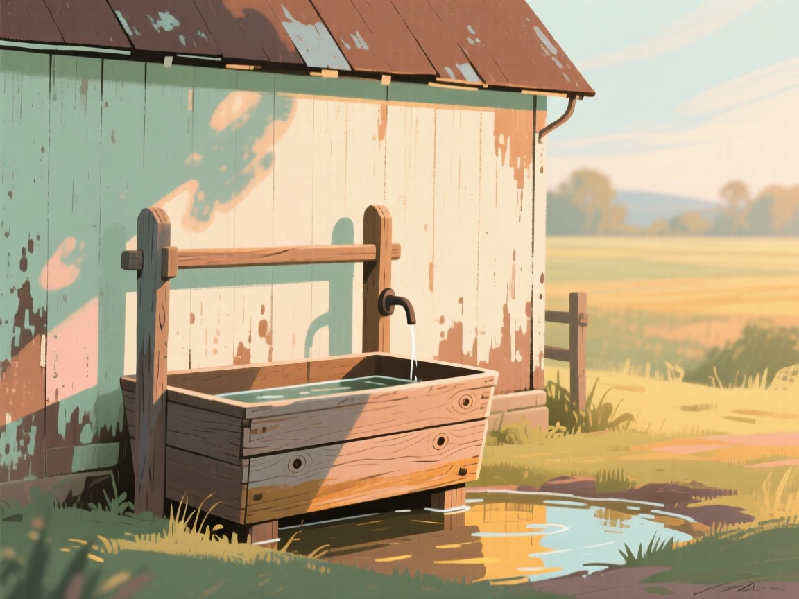 A wooden water trough beside a weathered barn in golden light