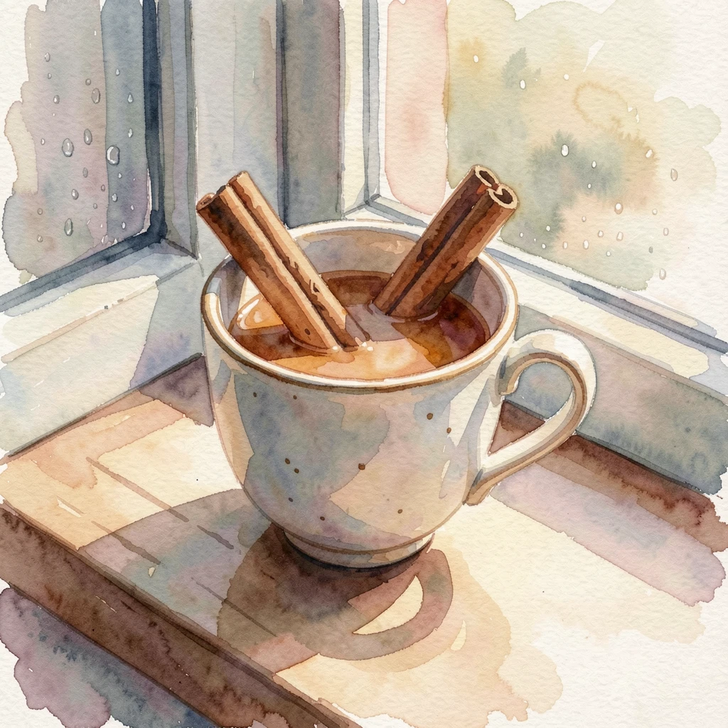 A cup of chai tea with cinnamon sticks on a windowsill with morning light.