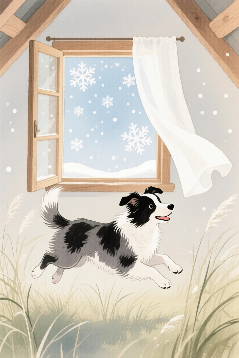 A border collie puppy hops through tall grass in a cozy attic window, with snowflakes drifting softly down