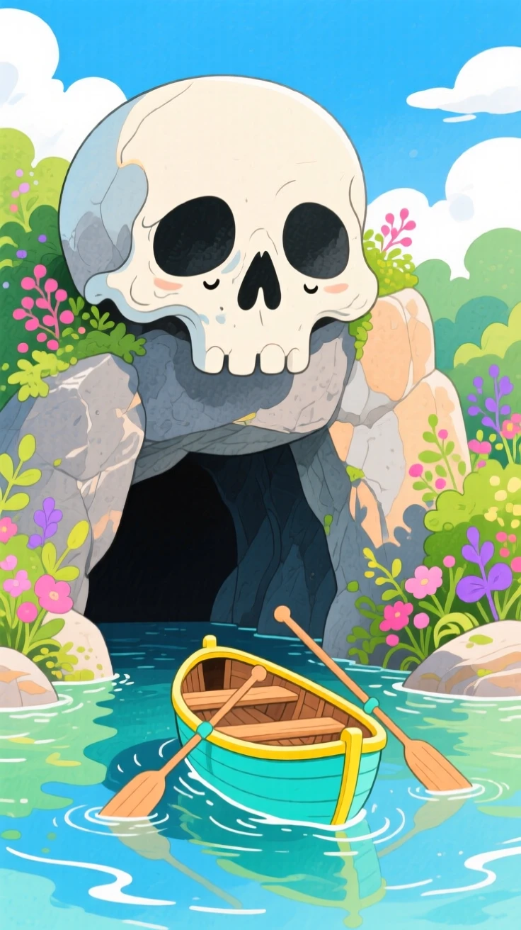 An adventurous scene of a small rowboat approaching a cave marked with a skull-shaped rock.