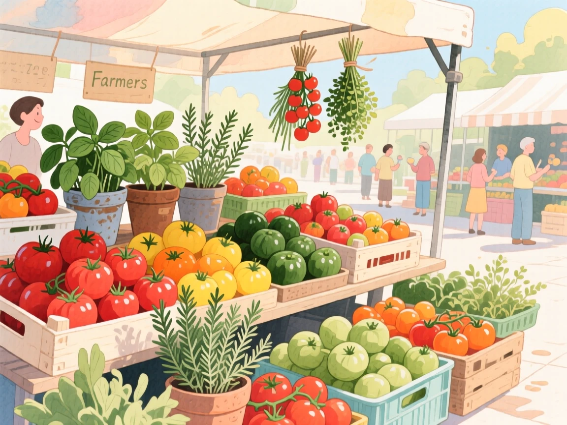 A farmers' market stall overflowing with vibrant heirloom tomatoes and fresh herbs, evoking warmth, comfort, and togetherness.