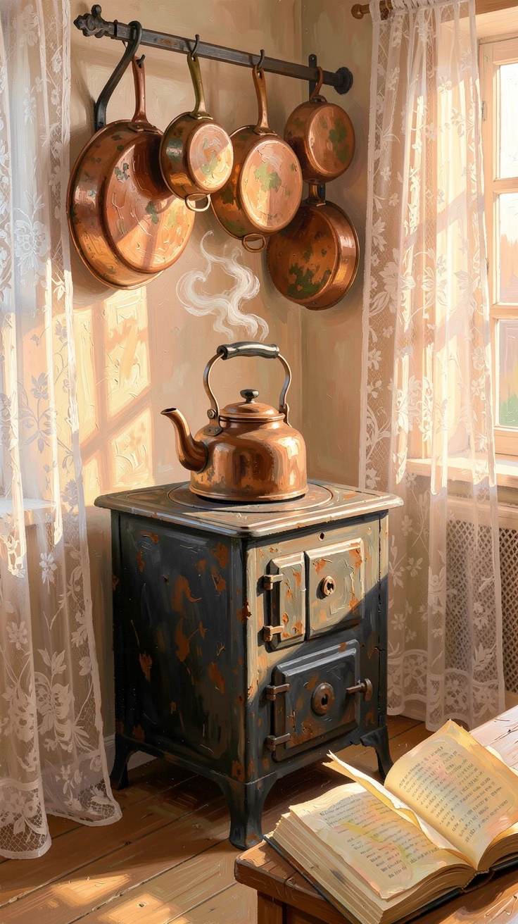 With a steaming kettle resting on an old iron stove, a rustic kitchen with copper pots hanging above the stove, pages of an open book fluttering in a gentle breeze, at dawn, the first light spilling through lace curtains.