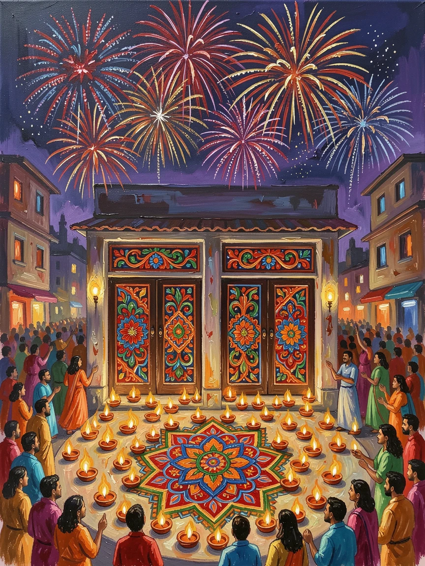 A vibrant Diwali celebration lights up an Indian city with thousands of oil lamps and fireworks illuminating decorated rangoli patterns on doorsteps, the surrounding crowd adding energy and movement to the edges of the composition.