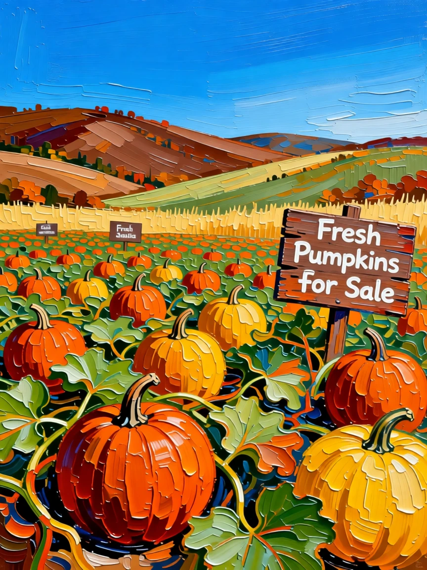 A pumpkin patch stretching across rolling hills beneath a crisp blue autumn sky