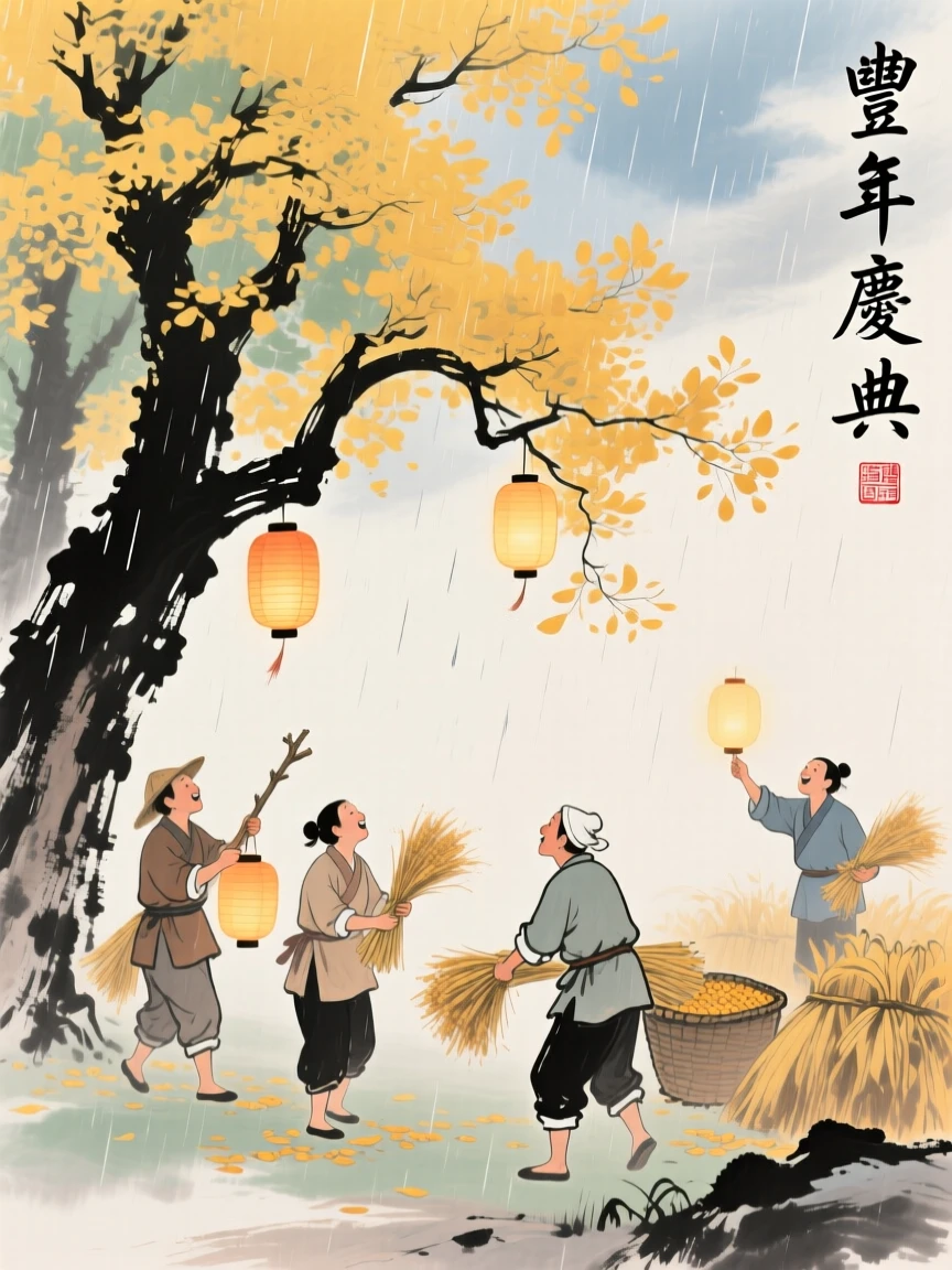 Farmers celebrating a bountiful harvest beneath golden autumn trees, as lanterns are lit for the evening, as summer rain begins to fall.