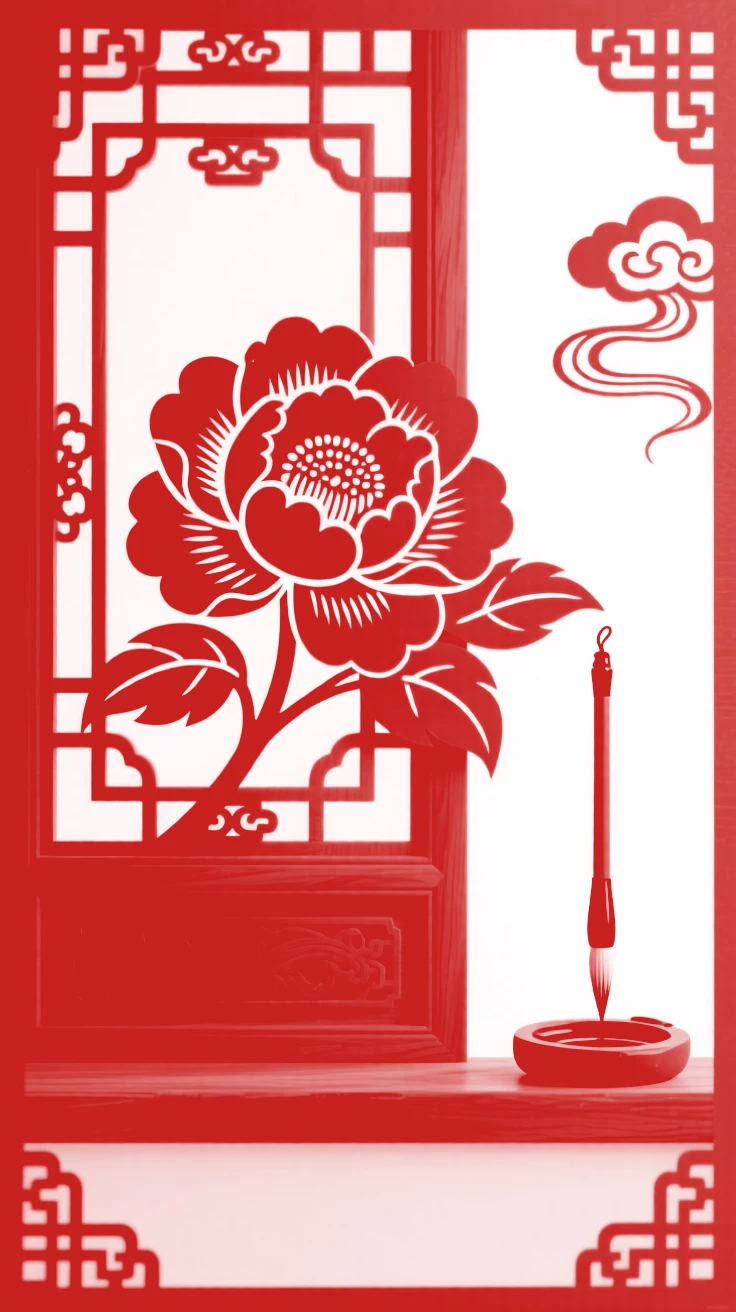 A camellia blossom resting on a carved wooden windowsill, beside a scholar's brush and inkstone.