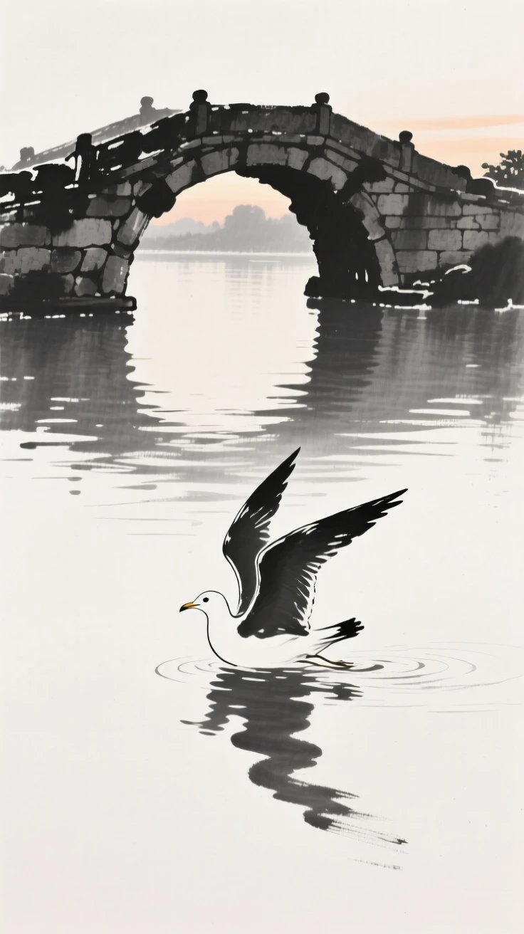 A lone gull skimming the surface of a quiet pond near an old stone bridge, silhouetted softly against the fading light, evoking grace, freedom, and quiet elegance.