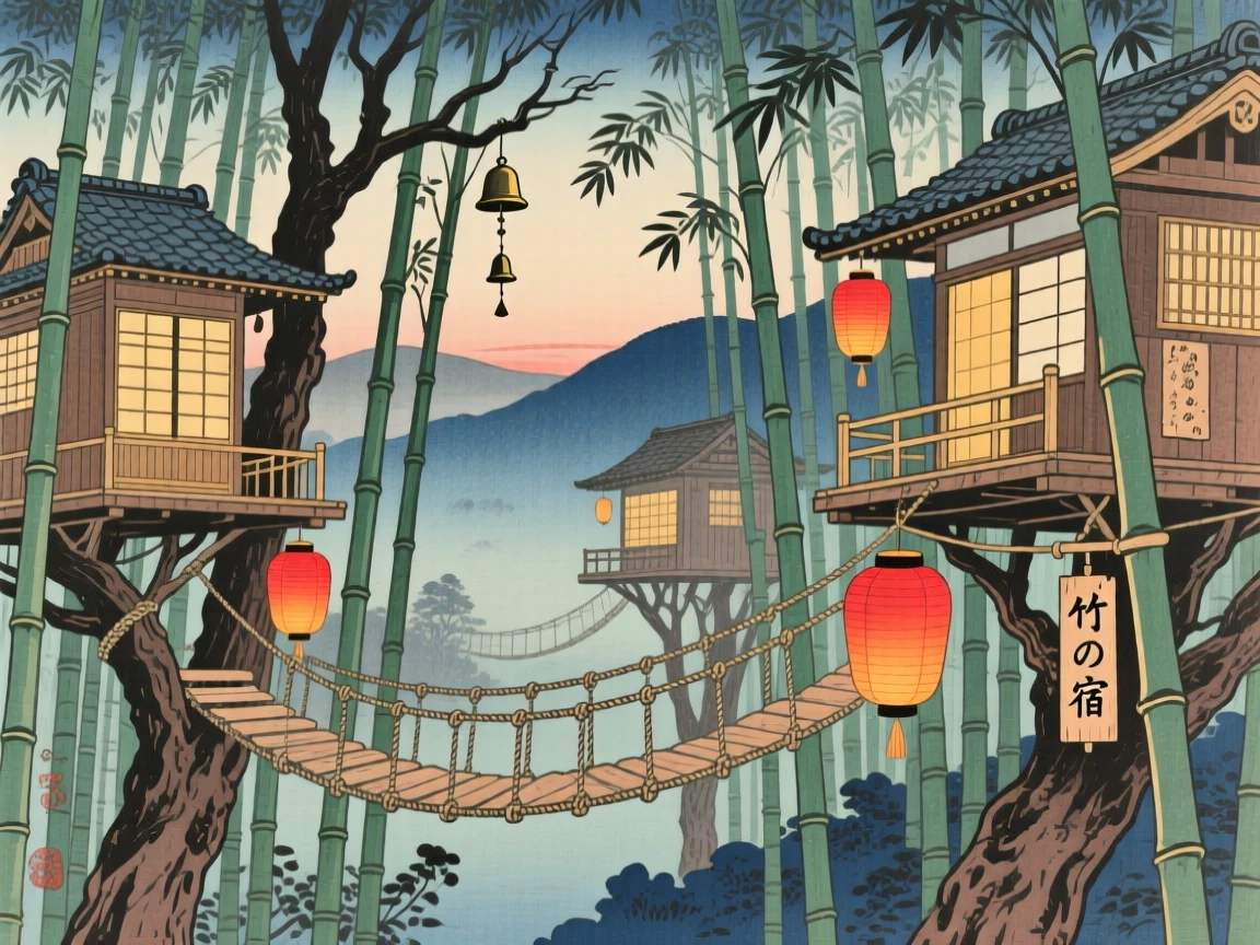 Treehouses connected by lantern-lit rope bridges, winding through an ancient bamboo forest.