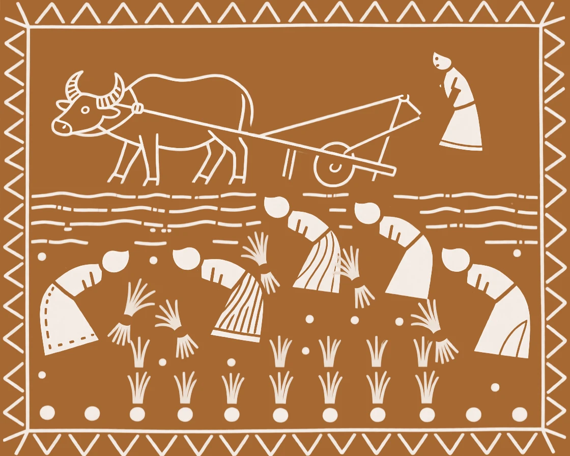A group of women transplanting rice seedlings plowing a field at the start of the planting season.