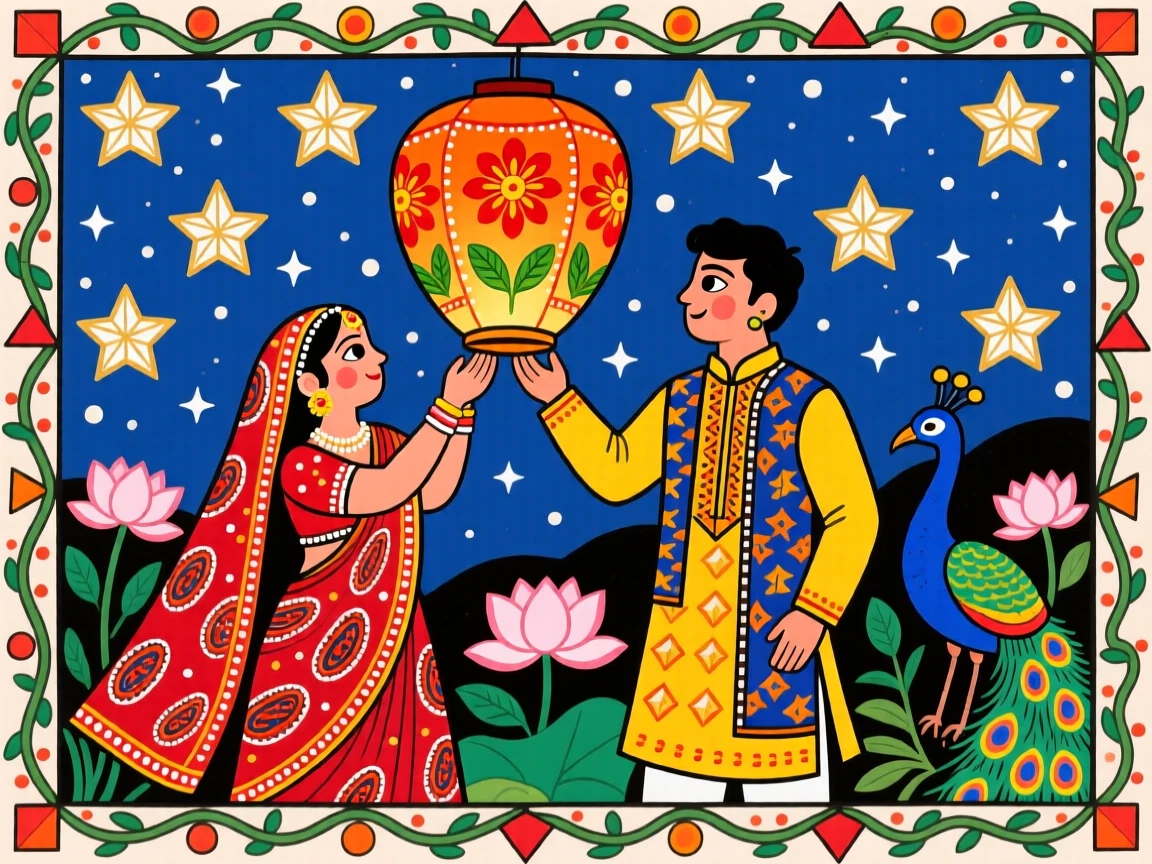 A newlywed couple releasing lanterns together beneath a starry sky.