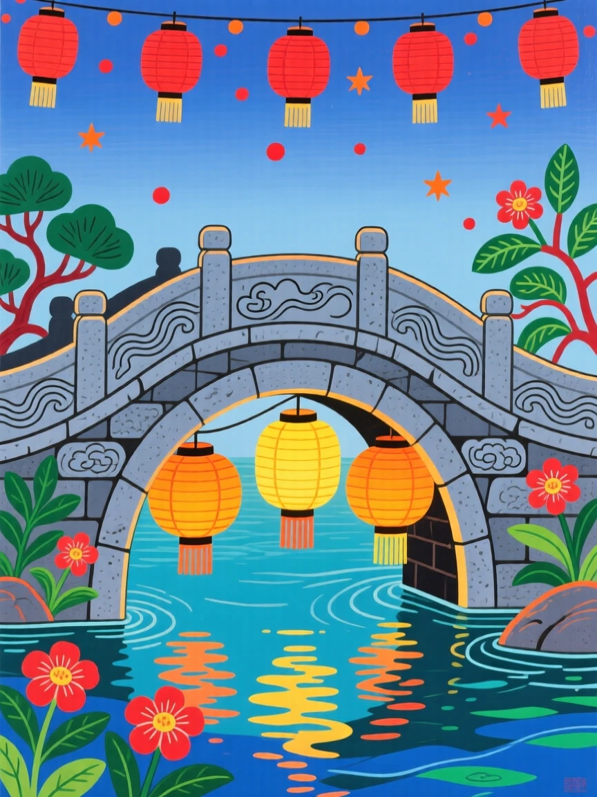A stone bridge, under the soft glow of lantern light.