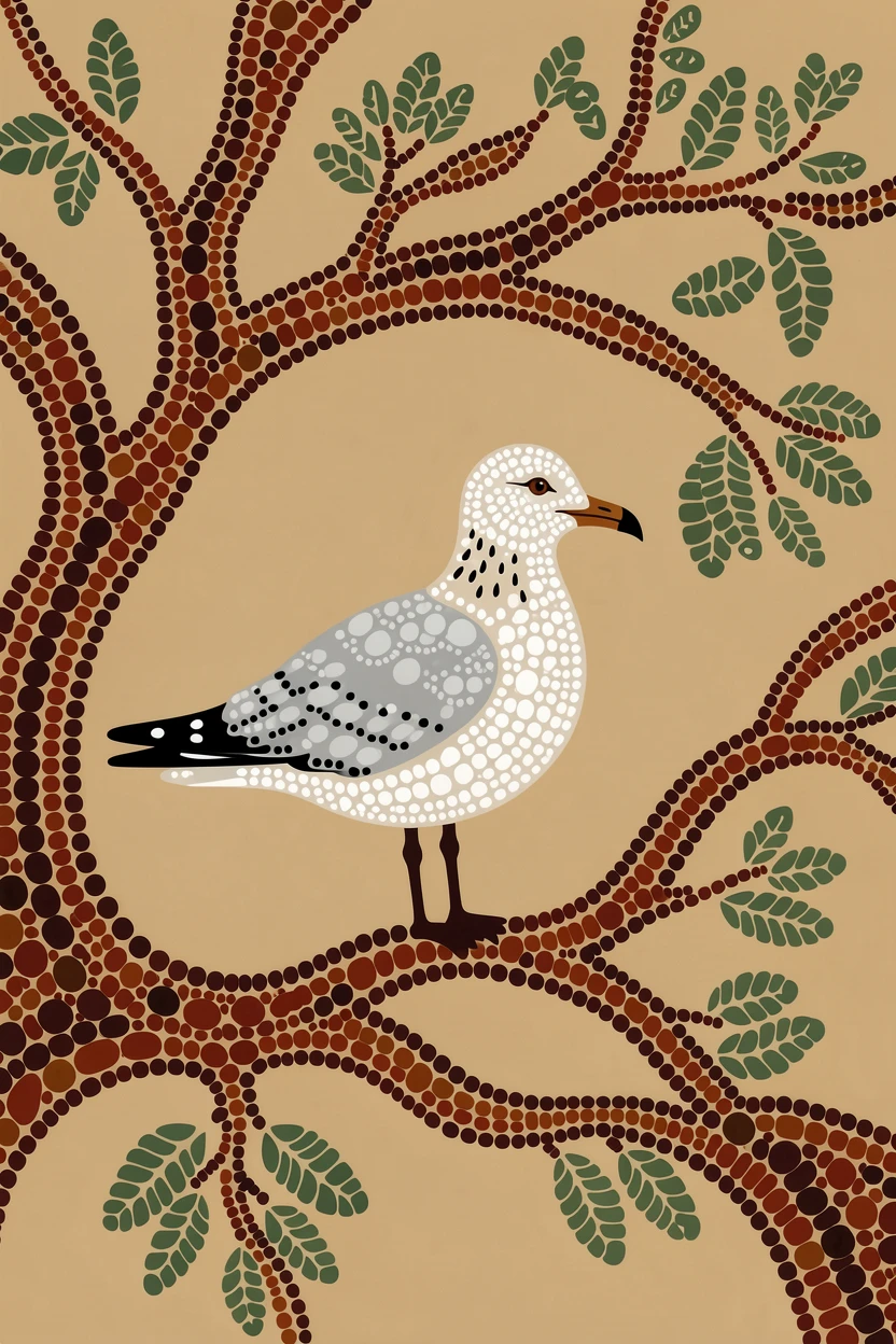 A gull nesting among treetop branches