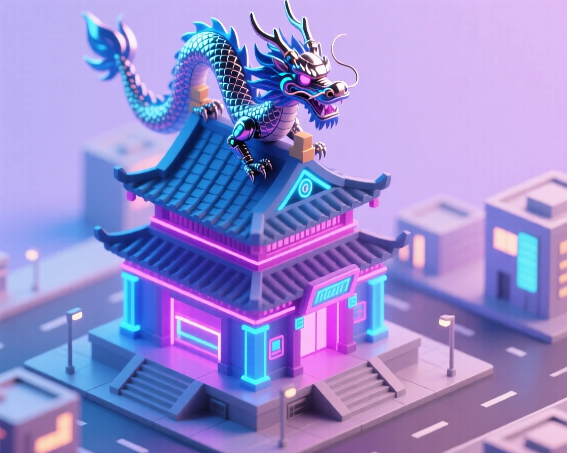 A cybernetic dragon guardian perched atop a neon temple, its metallic scales reflecting the city lights below.