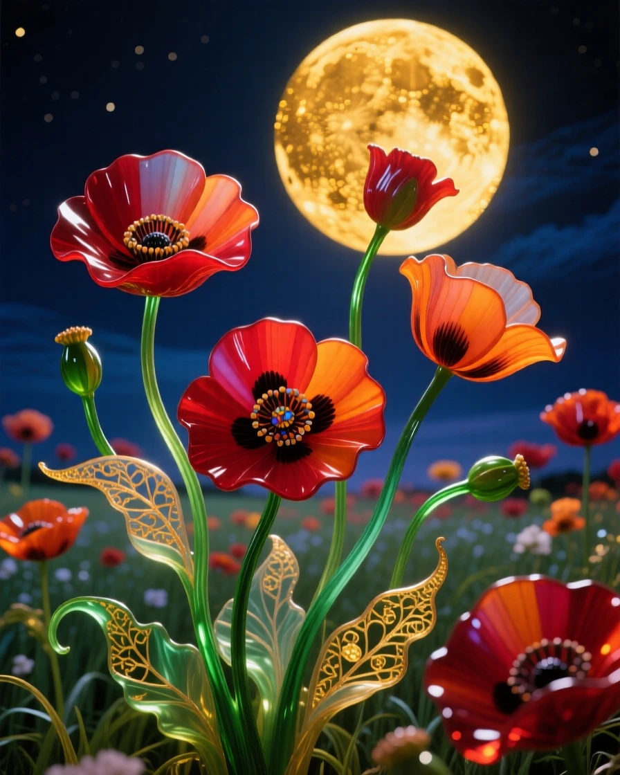 A field of blooming poppies swaying beneath a golden harvest moon at midnight, vivid and serene.