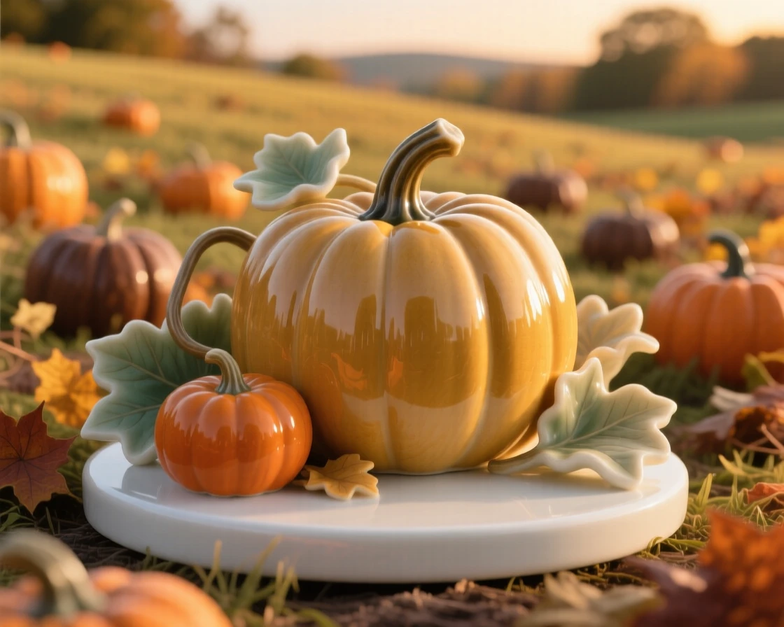 A cozy autumn moment: a field of pumpkins at golden hour, framed by the colors of the season.