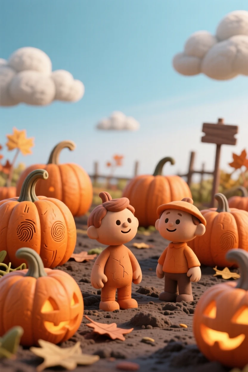 A pumpkin patch glowing orange beneath a crisp autumn sky