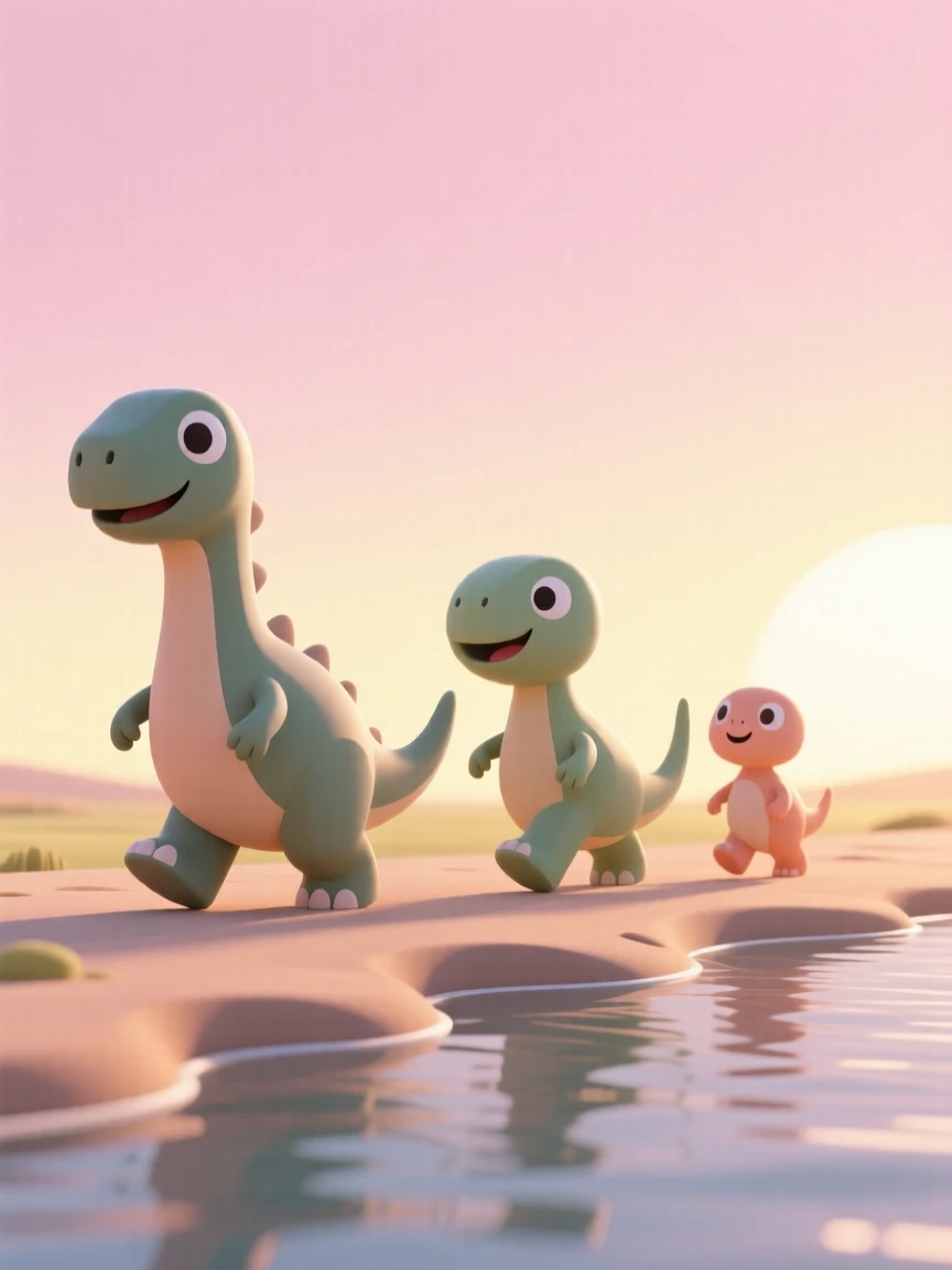 A cheerful dinosaur family waddles single file across a sunlit prehistoric riverbank at sunrise, tails swaying in rhythm.