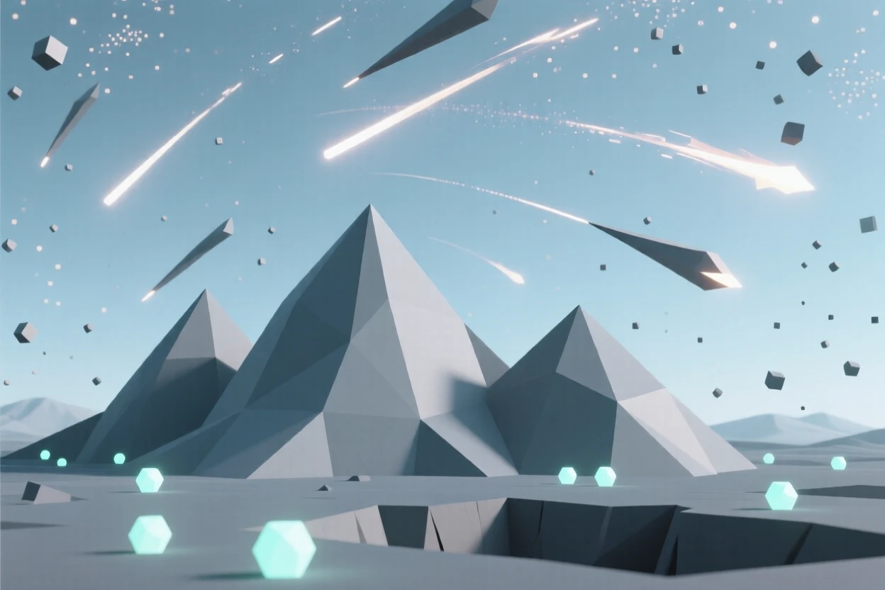A meteor shower streaking above a silent mountain range, surrounded by glowing bioluminescent light. fine particle detail adds texture to the vast space. There is a dreamlike, otherworldly quality to the moment.