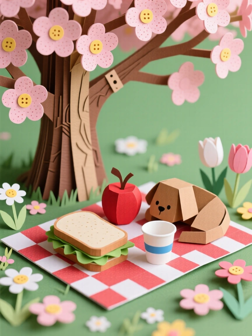 A picnic spread beneath a blossoming tree surrounded by fresh blooming flowers, with a content pet curled up close by, capturing quiet contentment.