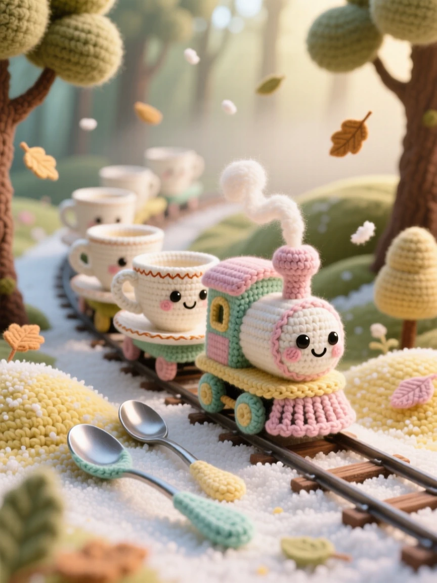 a miniature train made of teacups, chugging along a track of spoons, is shown winding through a sugar-dusted landscape, nestled within a softly glowing forest, surrounded by a soft breeze carrying tiny leaves, radiating cozy, whimsical enchantment.