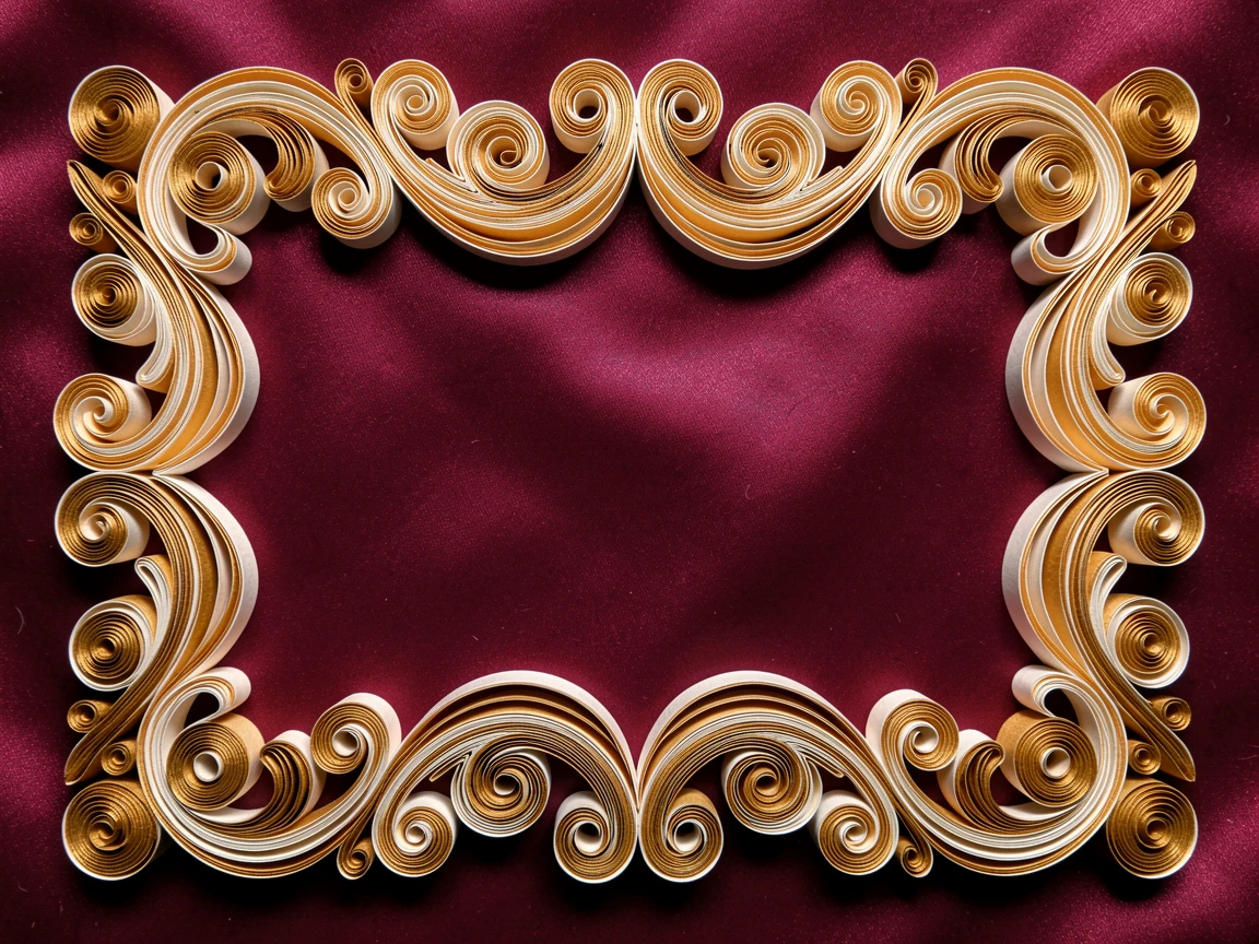 an elegant scrollwork border framing a blank center, presented on a rich burgundy fabric backdrop, balanced with mirrored symmetry on both sides, with a subtle iridescent shimmer.