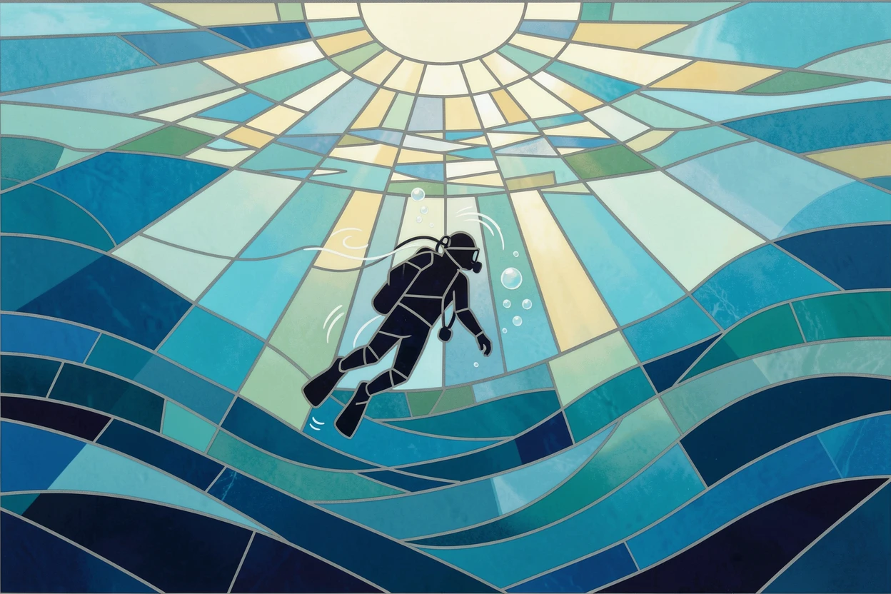 A vivid underwater scene of a diver's silhouette against the sunlit surface of the open ocean, rich in color and serene movement.