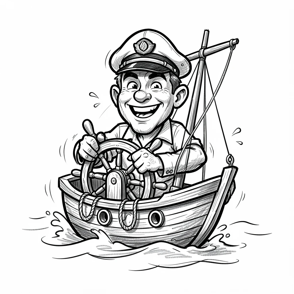 A ship captain steering through calm waters on the deck of a small sailing ship.