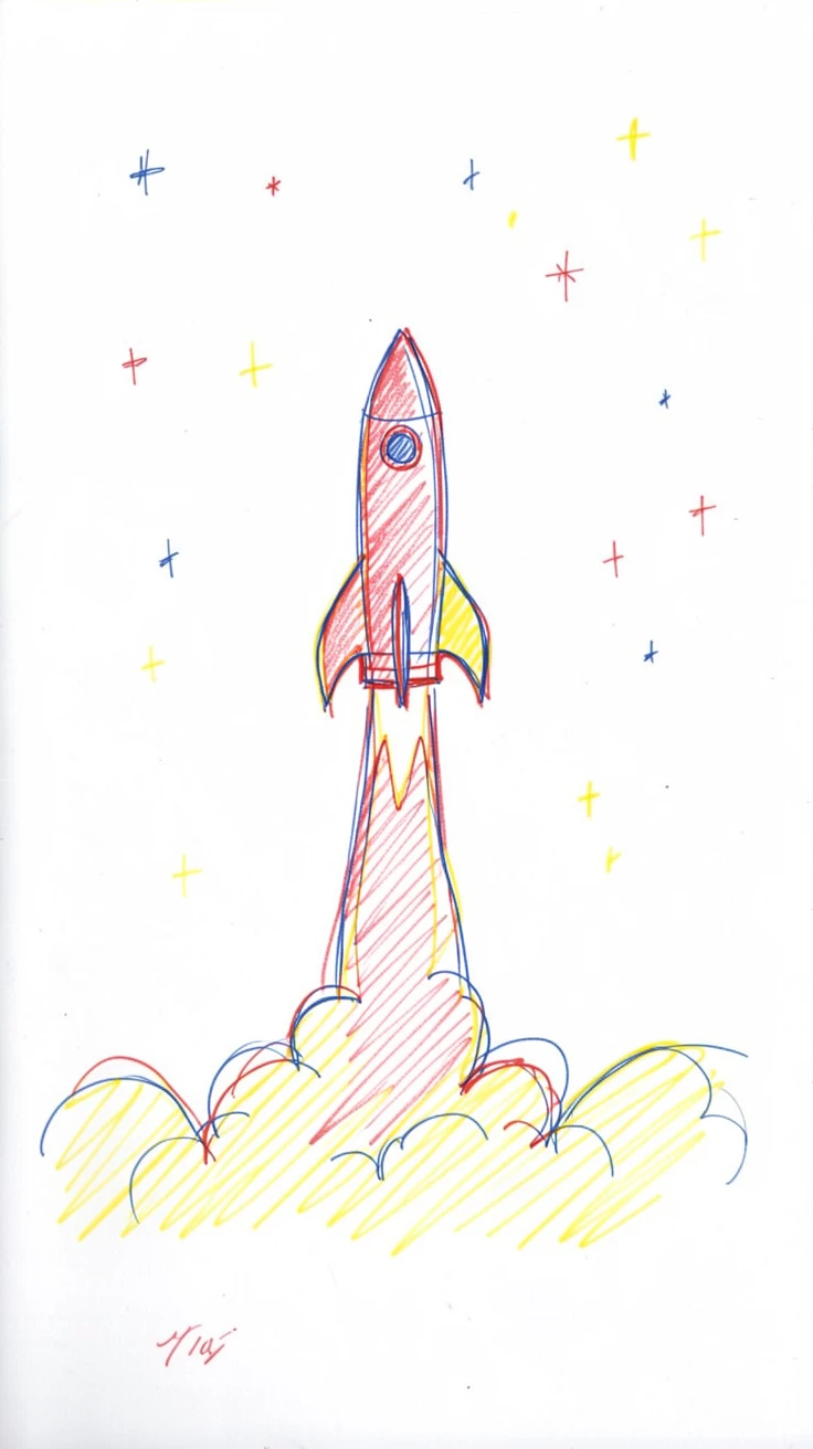 A rocket launching into a clear night sky, trailing fire and smoke