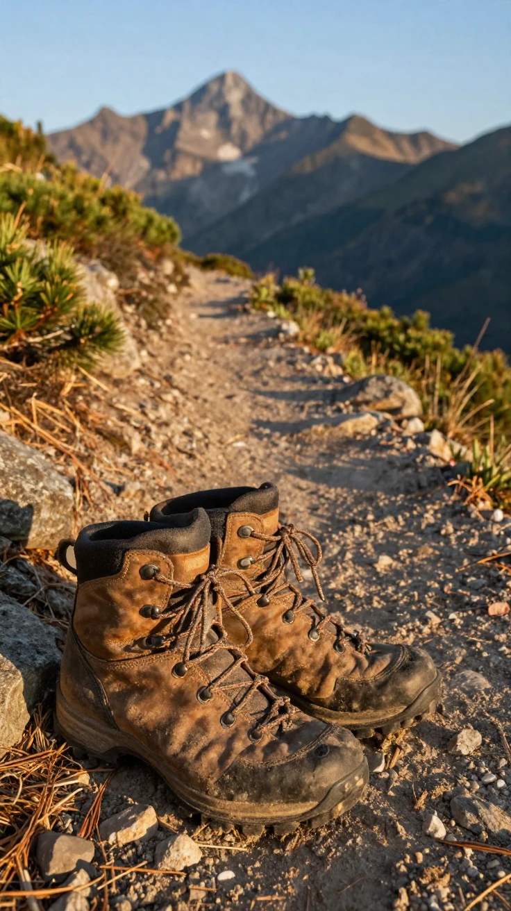 A pair of worn hiking boots resting beside a mountain trail