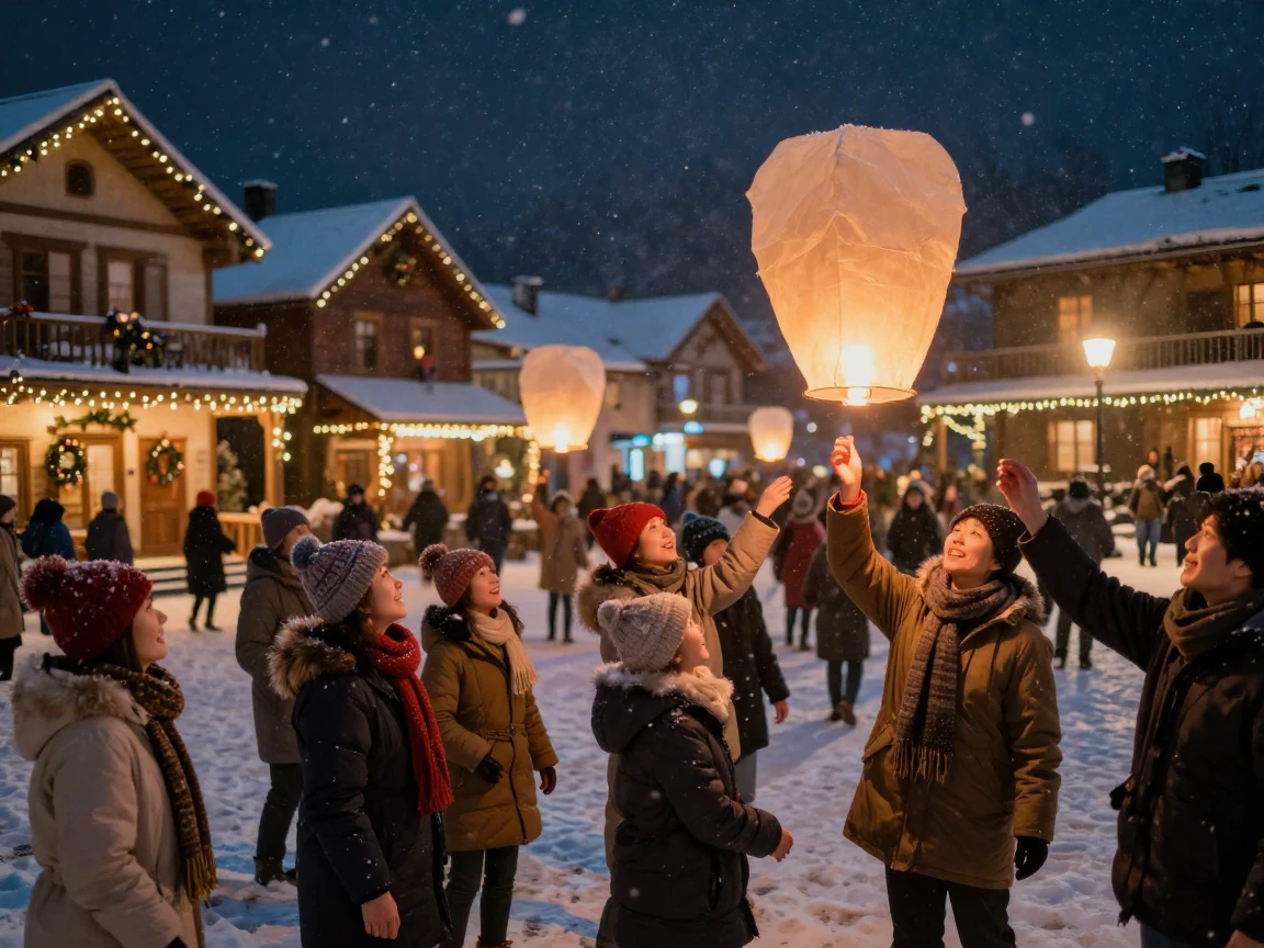A community releasing floating lanterns into the night sky in a snow-covered village square
