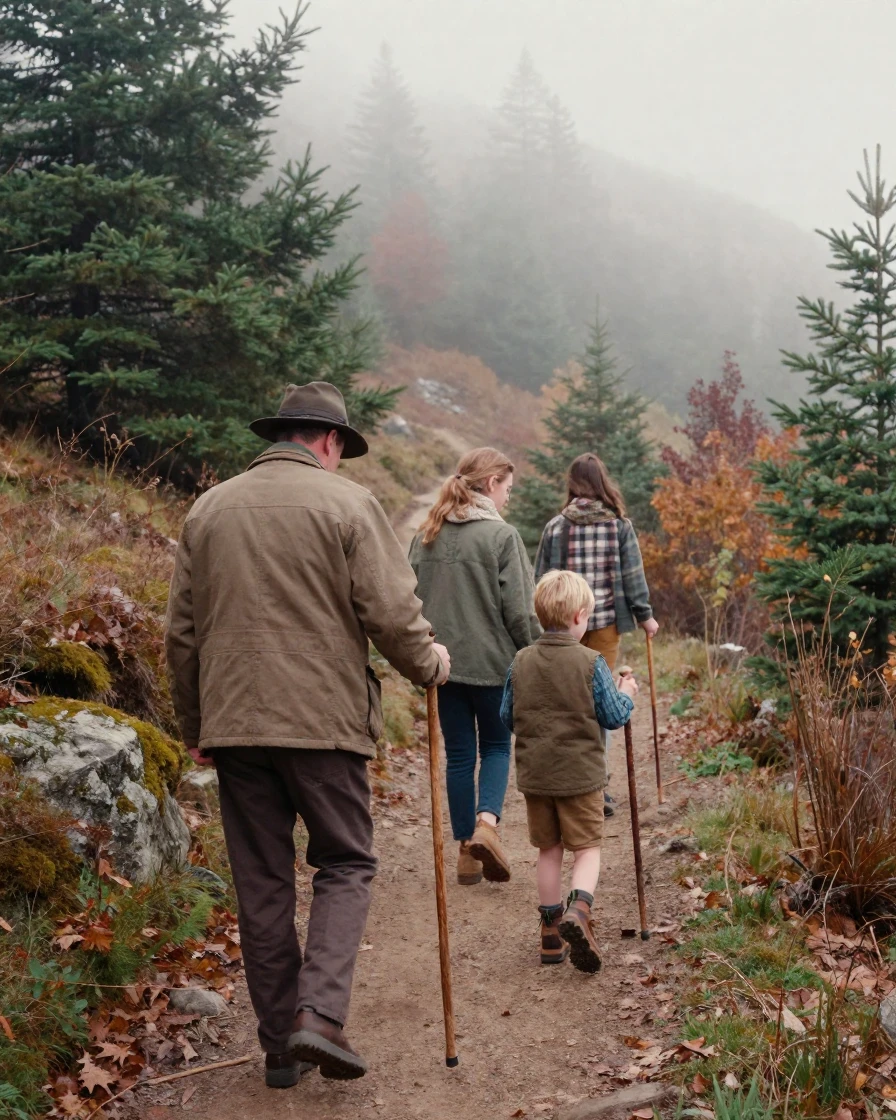 A family hiking a mountain trail together, walking sticks in hand, in gentle diffused daylight, in thick rolling fog, in late autumn, with deep emerald greens and browns, over the shoulder of the main subject.