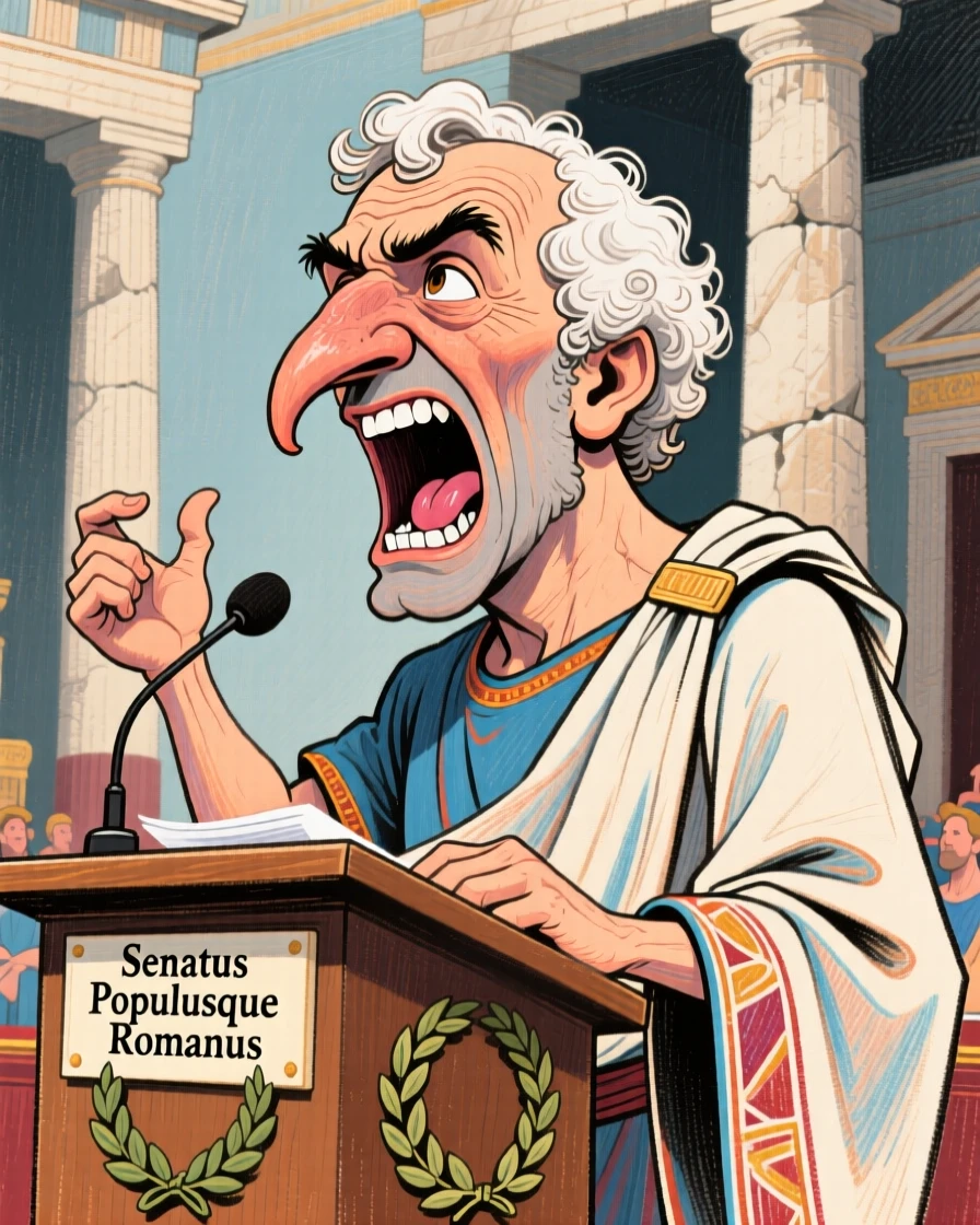 An ancient Roman senator delivering a passionate speech before the senate.