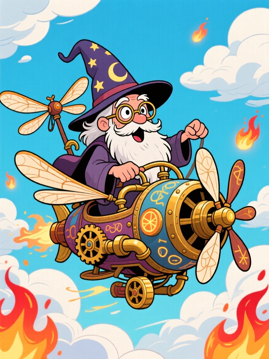 An imaginative fantasy scene of a wise old wizard piloting a fantastical flying machine through the clouds, surrounded by drifting glowing embers.