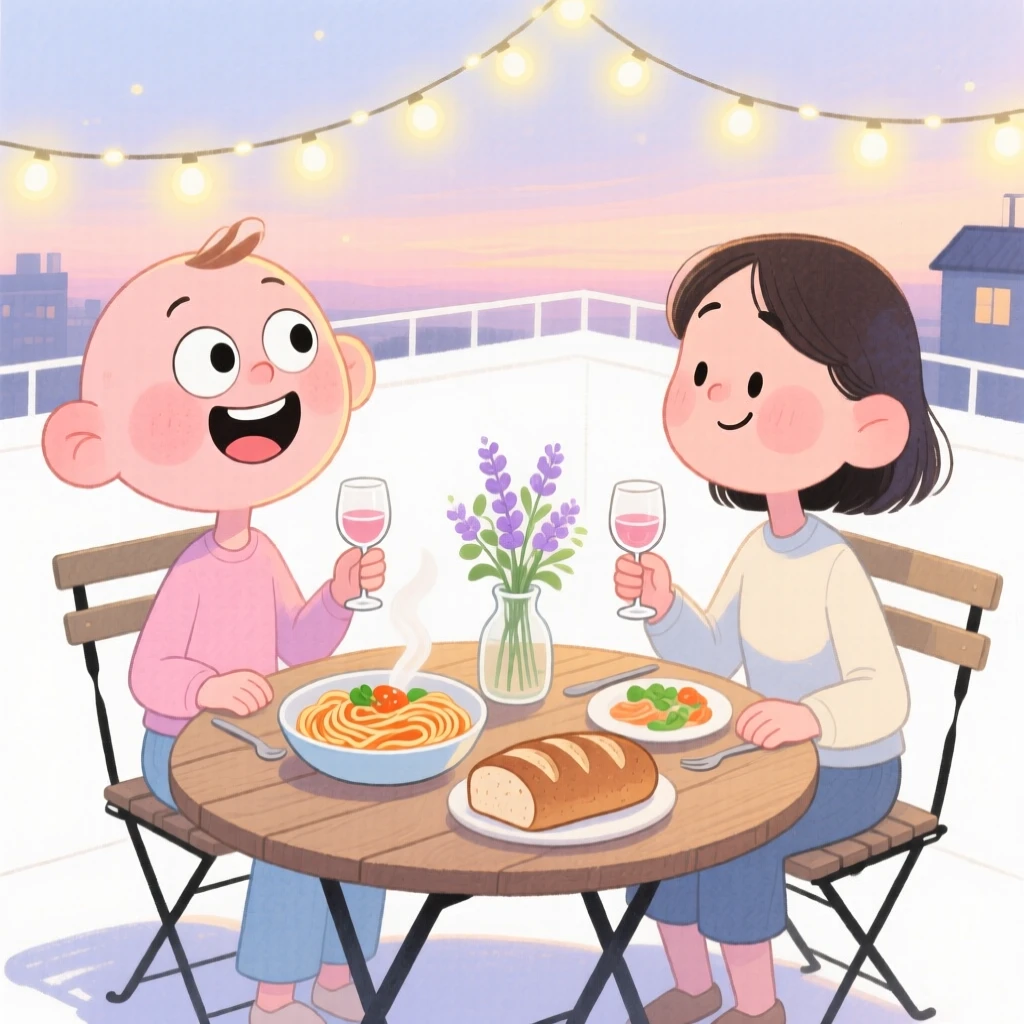 A cozy, appetizing, soft and dreamy scene of a rooftop dinner table strung with fairy lights