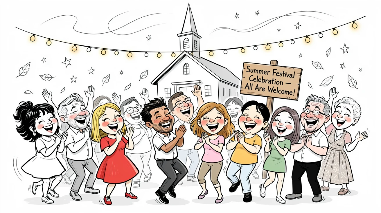 [Seasonal Holidays & Celebrations] Festive scene of a cozy church congregation dancing together at an outdoor summer festival, full of celebration and joy