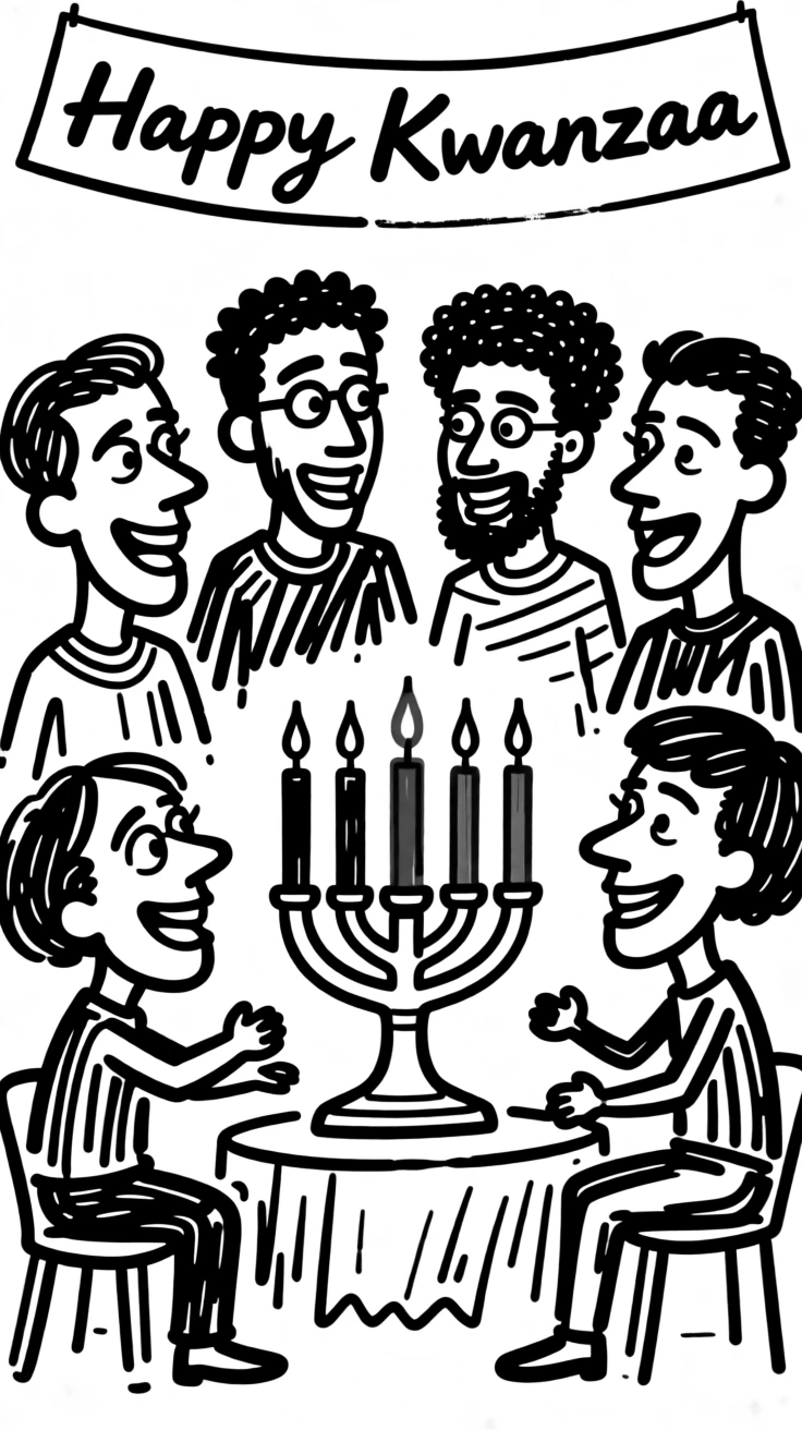 A Kwanzaa gathering with a family lighting the kinara candles together.
