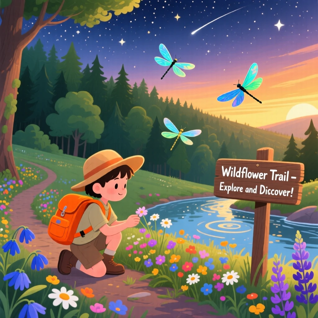 In a stargazing hilltop, a curious camper is identifying wildflowers along a forest trail, while dragonflies dart above the water.