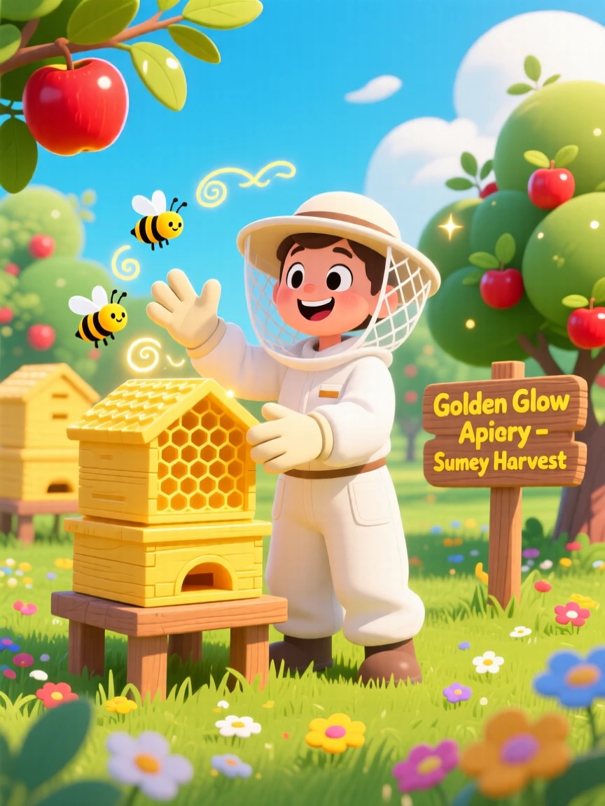 A beekeeper tending glowing golden hives in a summer orchard.