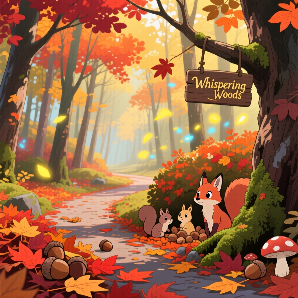 A autumn scene of a forest path blanketed in fiery red and orange leaves, as small details of the season fill every corner.