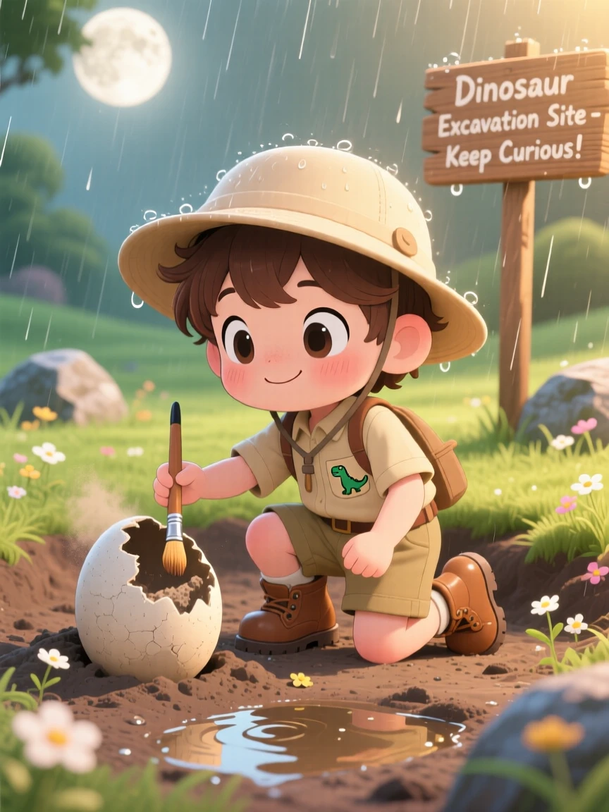 A small child paleontologist brushing dust off a dinosaur egg fossil in a sunny excavation site during a gentle spring rain shower; soft moonlight washes over the scene as proud determination fills the moment. Full-body shot.
