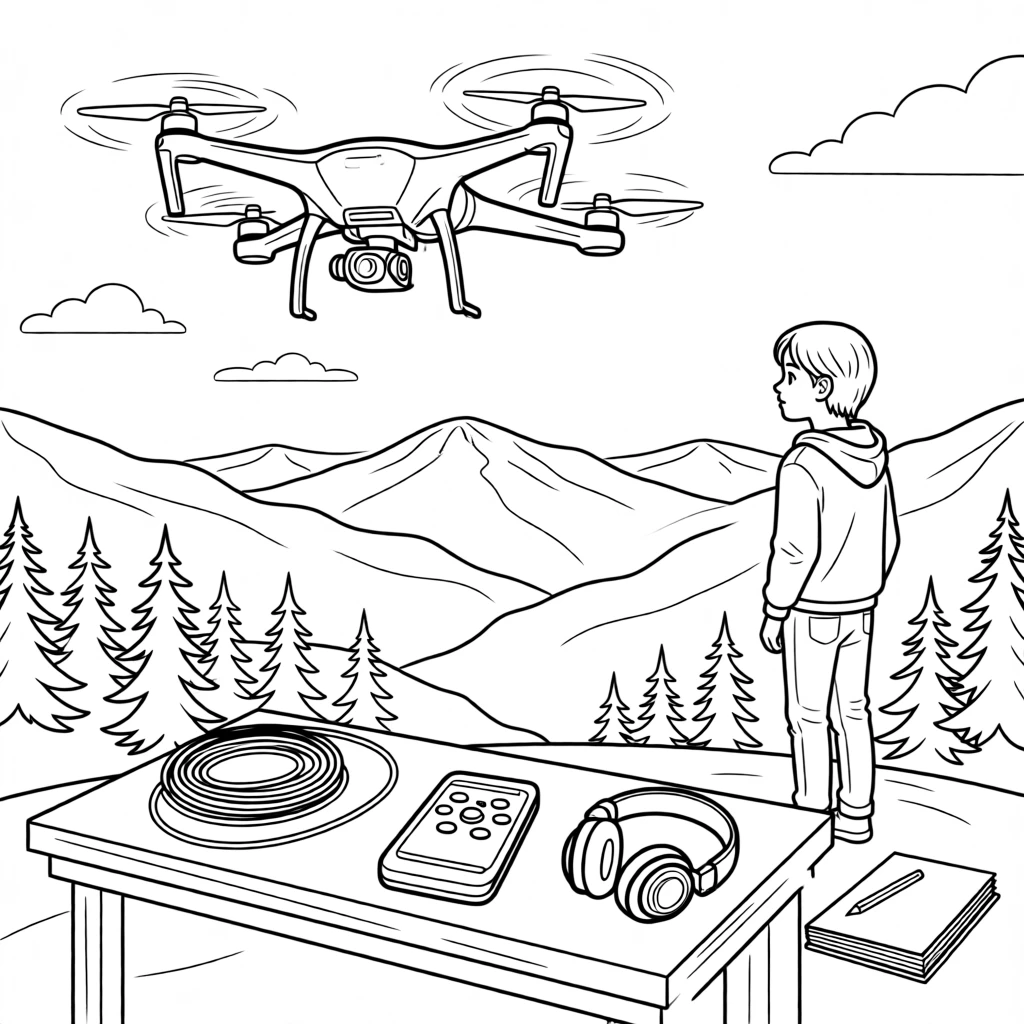A drone hovering above a scenic mountain overlook, with cables neatly arranged along the desk.
